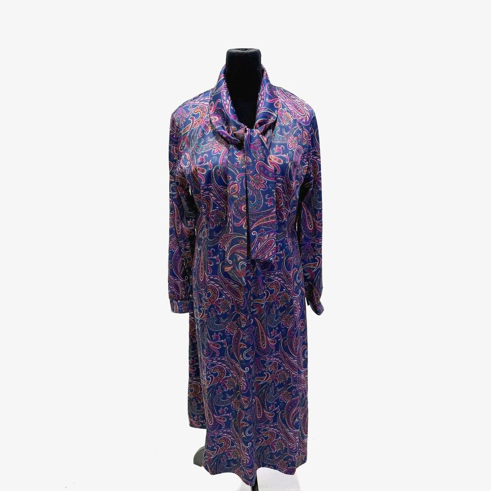 Tribute vintage 70s paisley pussycat bow zip front midi dress